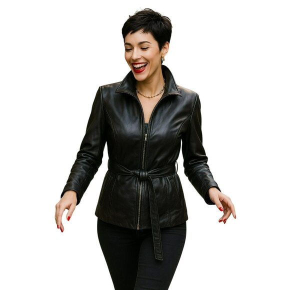 Pelle Studio Wilsons Belted Fitted Leather Jacket Womens XS Black Full zip Closu - Picture 8 of 13